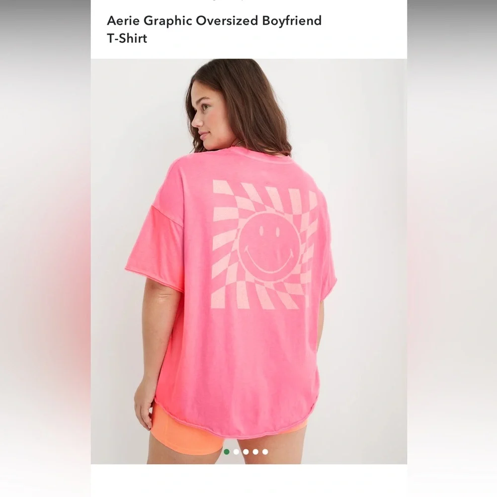 Aerie Bright Neon Pink Smiley Face Graphic Short Sleeve Oversized Tee - Picture 1 of 10